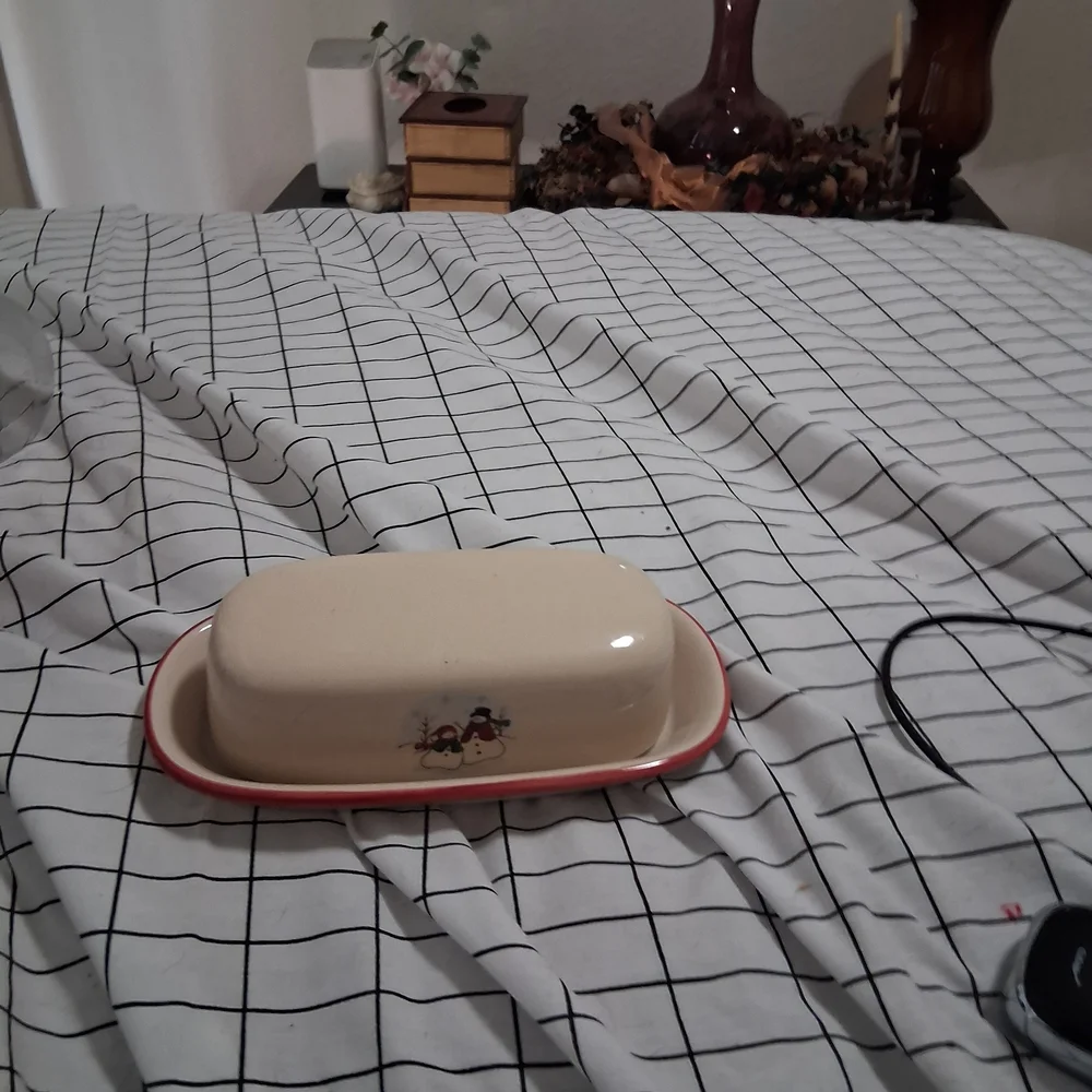 Cream and Red Butter Dish